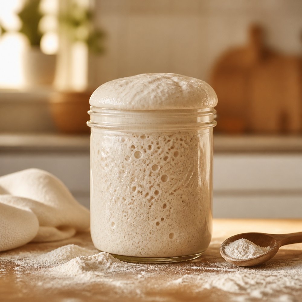 Active sourdough starter at peak readiness
