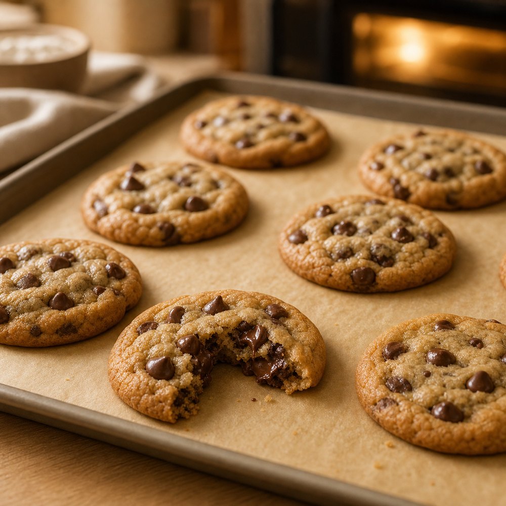 Cookies ready to pull from the oven with baking timer guidance